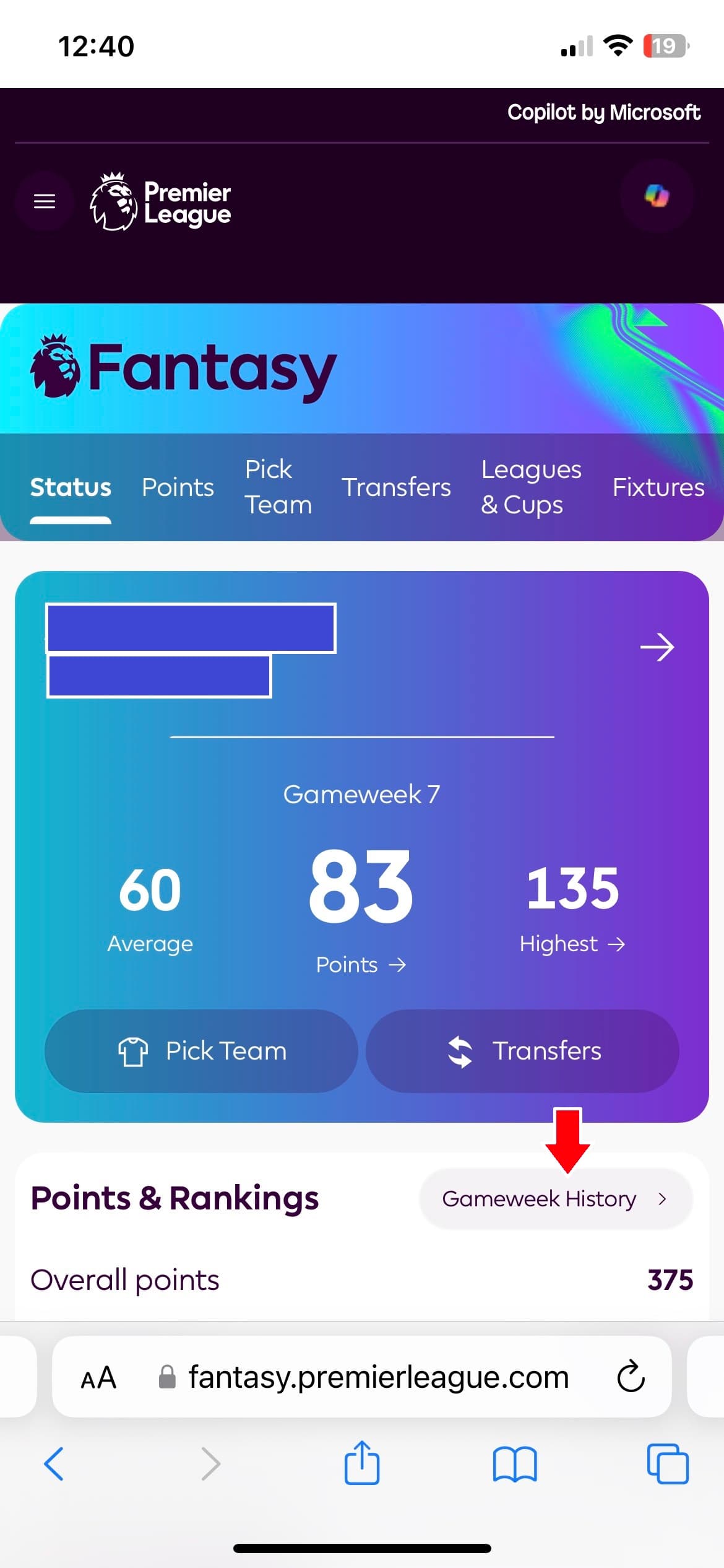 Gameweek History Menu