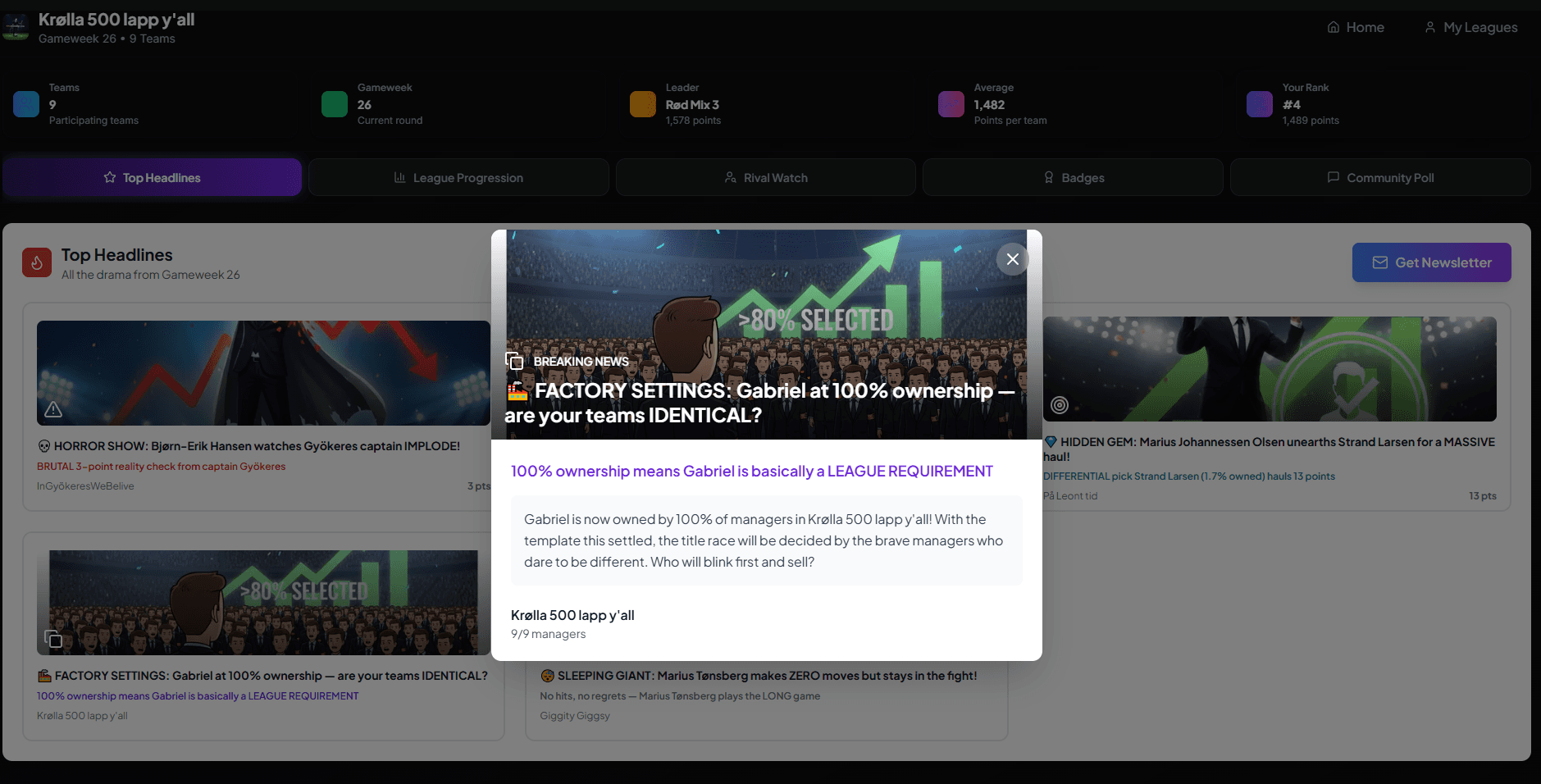 Top Headlines showing ESPN-style automated banter cards for FPL mini-league