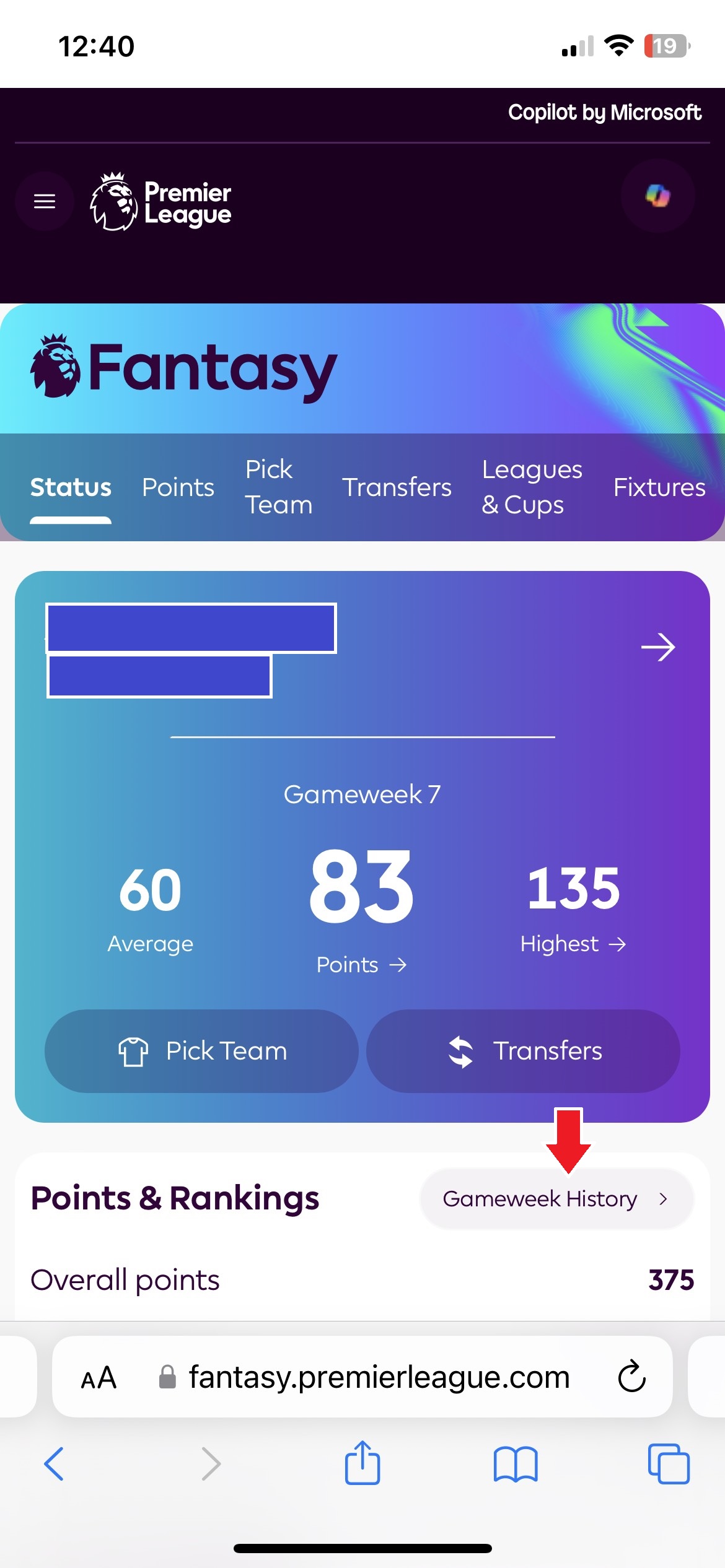 Gameweek History menu